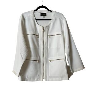 NWOT Bob Mackie white basketweave gold zipper & grosgrain ribbon trim jacket